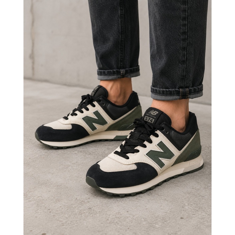 New Balance 574 ML574JHU Black Cream Olive Green Suede Mesh Sneakers Mens 8